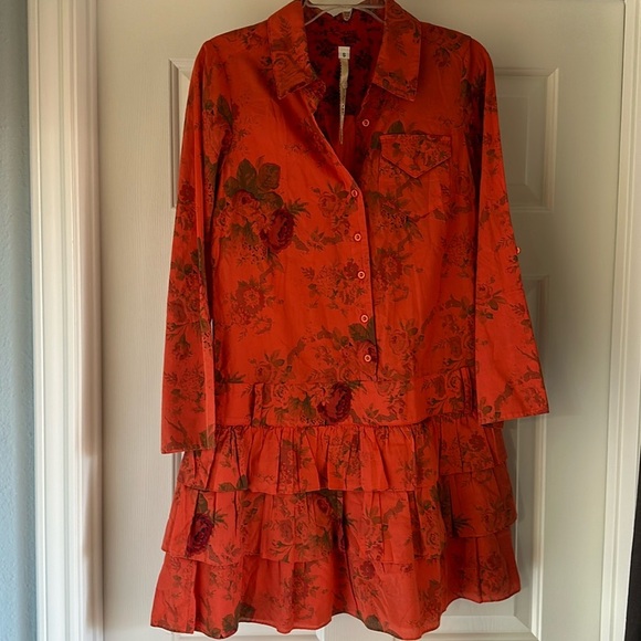 Uncle Frank Button Up Ruffle Orange Cotton Floral Dress Women’s Small Artsy - Picture 1 of 9